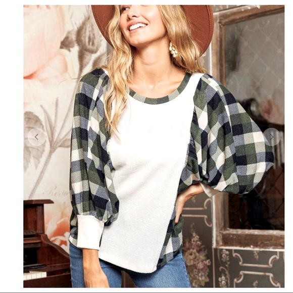 Boho Check Pattern Color Block Balloon Sleeve Top - Picture 2 of 5